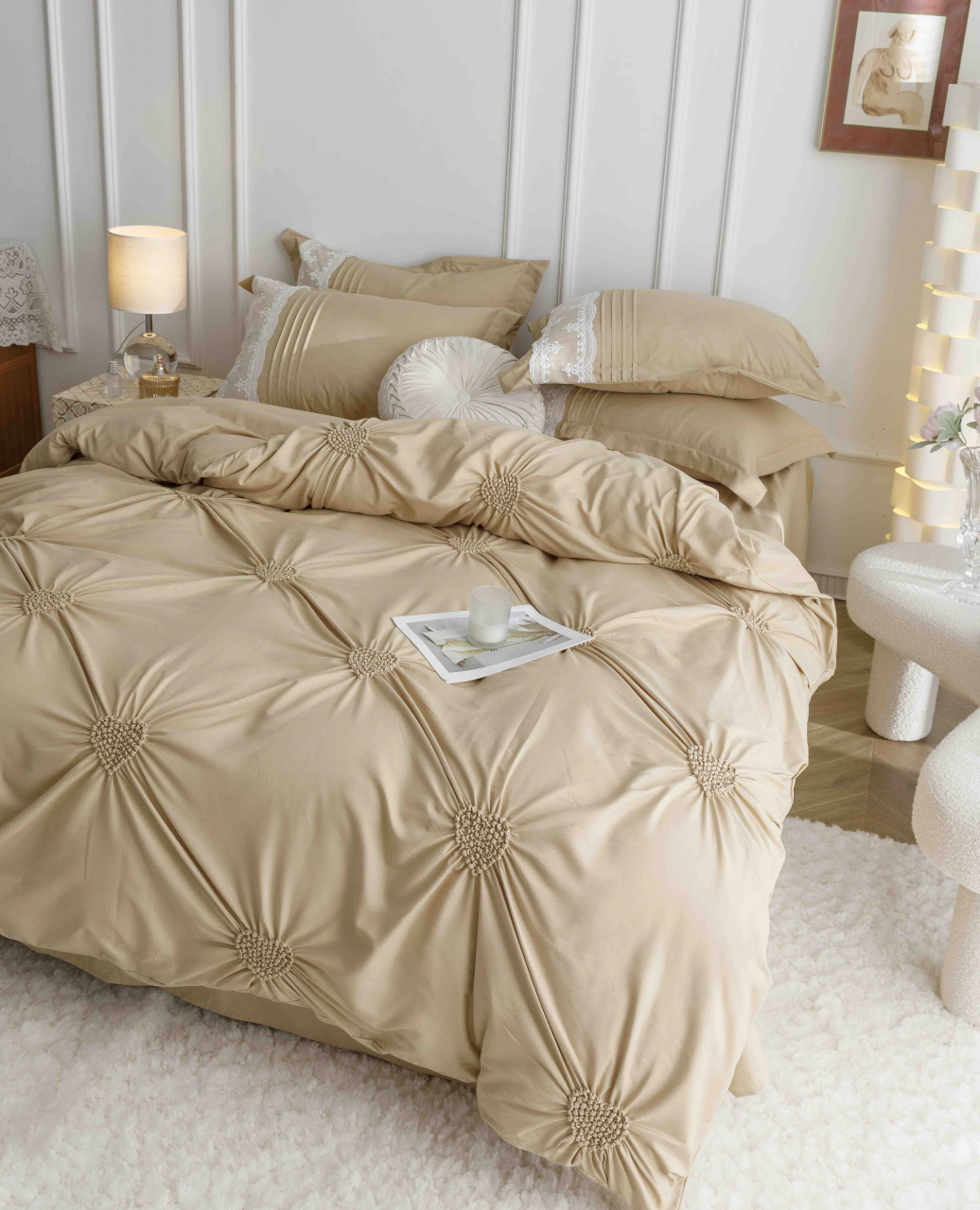 Lenjerie pat dublu cu pliuri si inimi brodate,bumbac finet,6 piese,cappuccino-A843 [2]