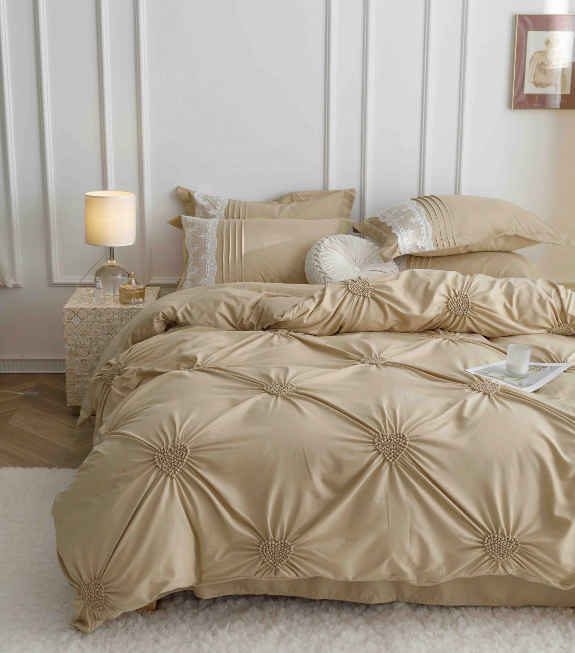 Lenjerie pat dublu cu pliuri si inimi brodate,bumbac finet,6 piese,cappuccino-A843 [5]