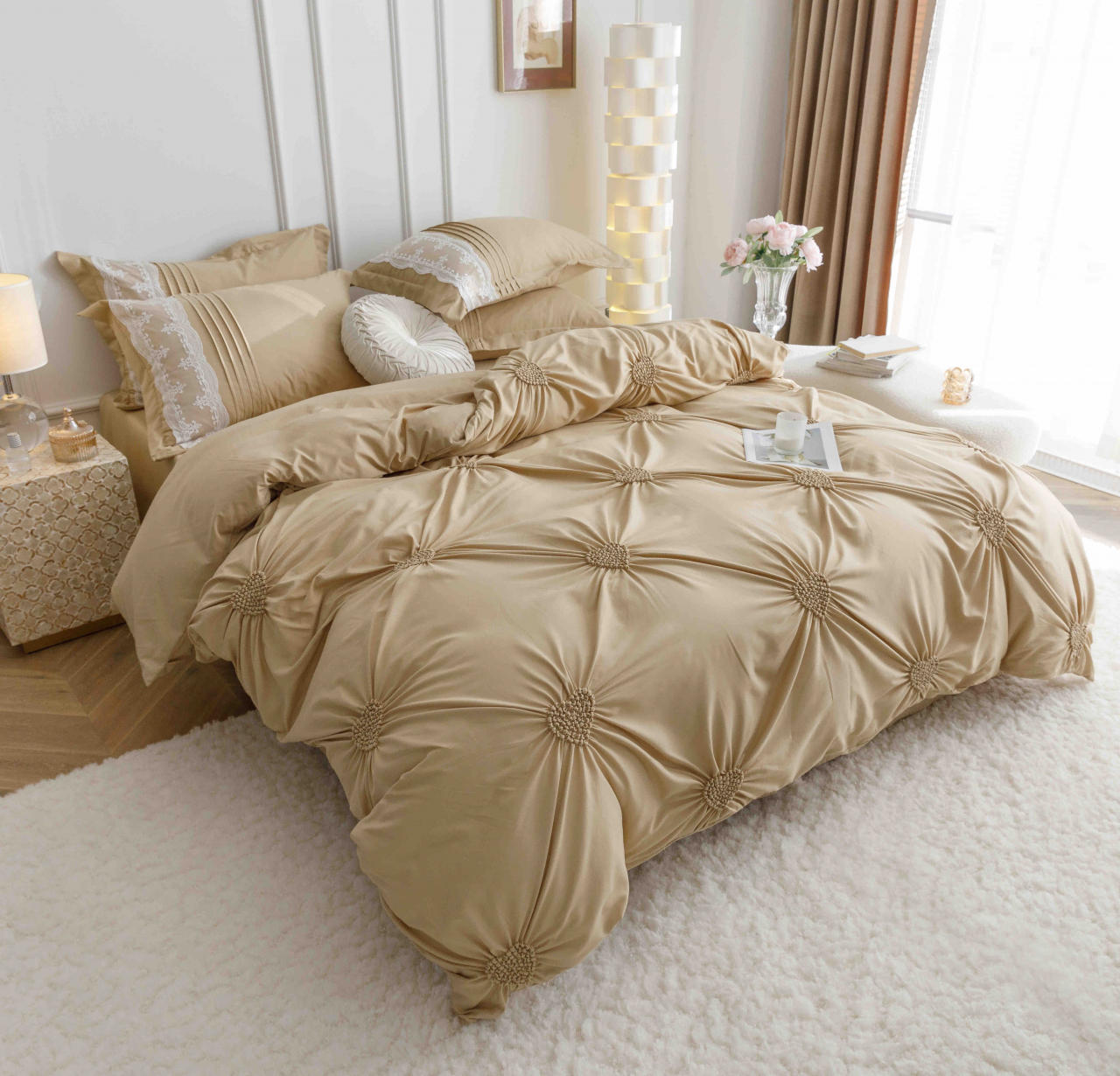 Lenjerie pat dublu cu pliuri si inimi brodate,bumbac finet,6 piese,cappuccino-A843 [6]