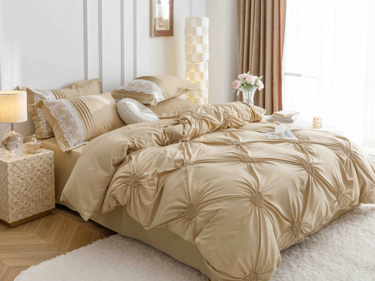 Lenjerie pat dublu cu pliuri si inimi brodate,bumbac finet,6 piese,cappuccino-A843 [11]