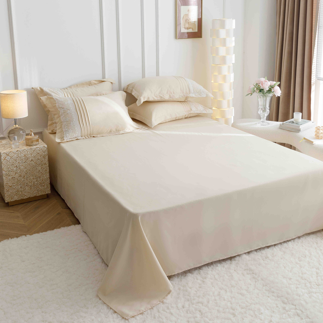 Lenjerie pat dublu cu pliuri si inimi brodate,bumbac finet,6 piese,crem-A852 [8]