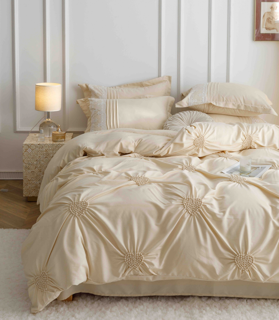 Lenjerie pat dublu cu pliuri si inimi brodate,bumbac finet,6 piese,crem-A852 [7]