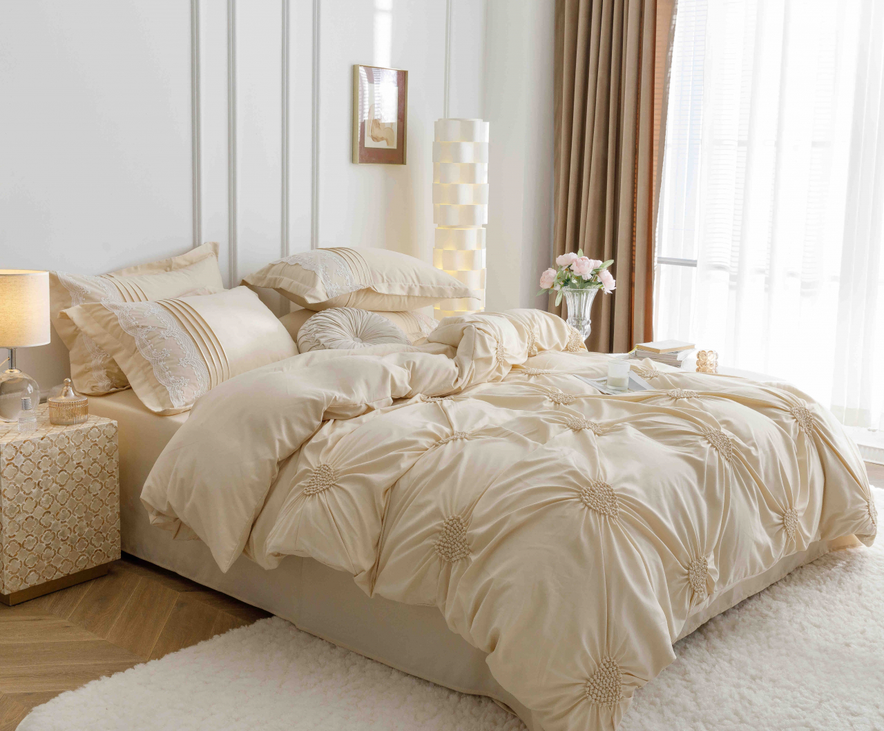 Lenjerie pat dublu cu pliuri si inimi brodate,bumbac finet,6 piese,crem-A852 [4]