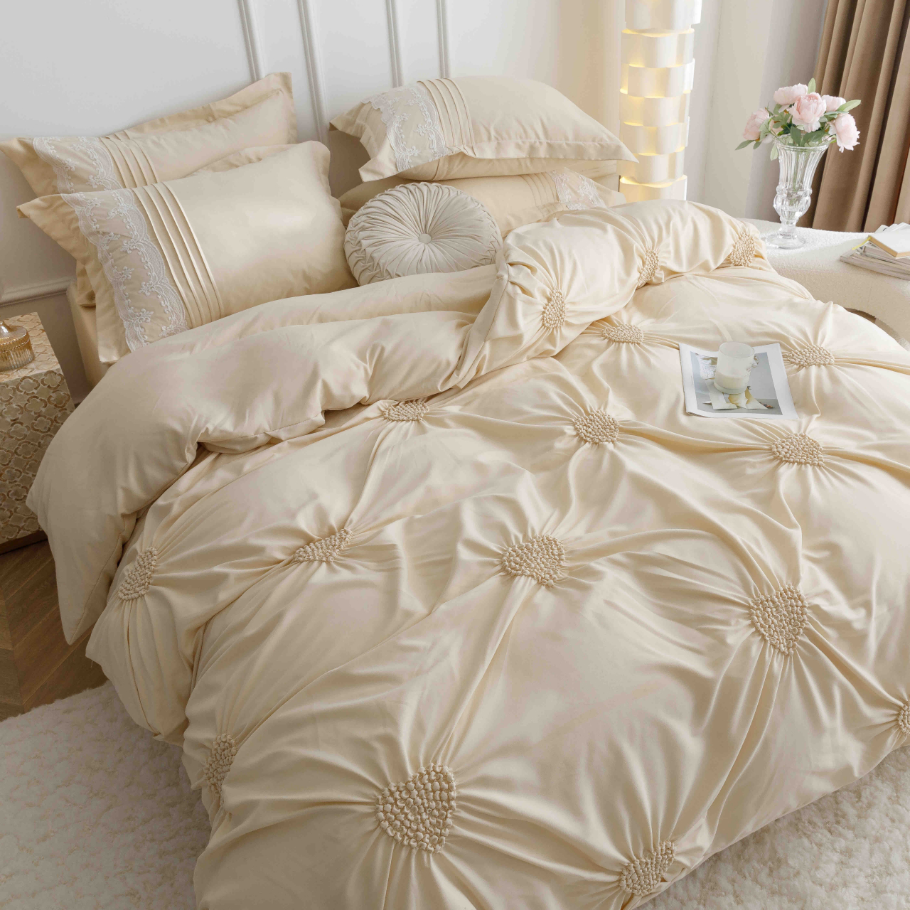 Lenjerie pat dublu cu pliuri si inimi brodate,bumbac finet,6 piese,crem-A852 [5]