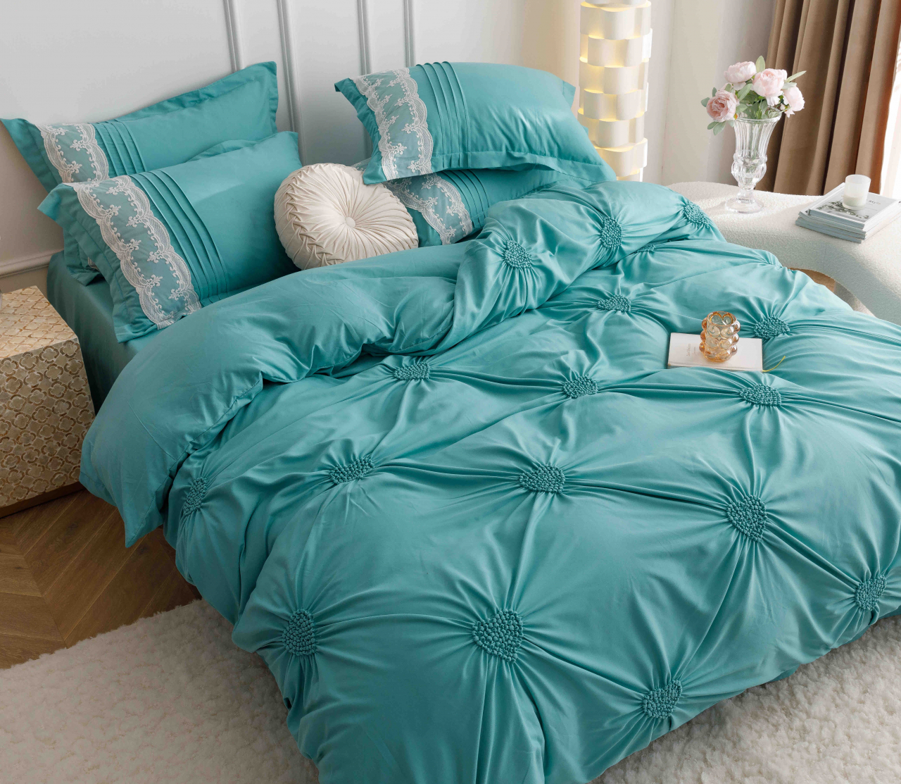 Lenjerie pat dublu cu pliuri si inimi brodate,bumbac finet,6 piese,bleu-A850 [6]