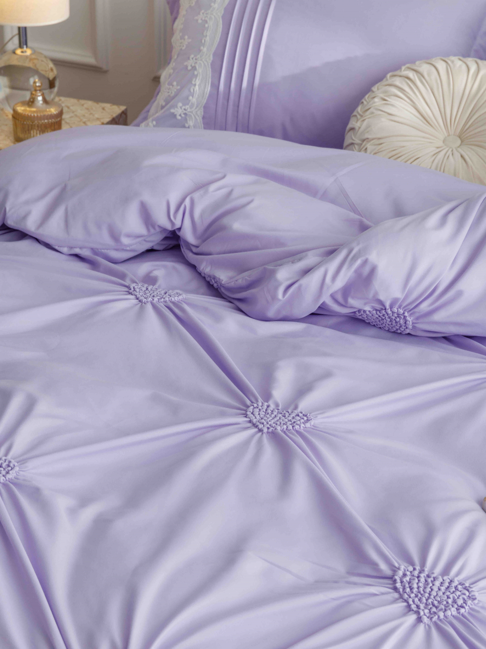 Lenjerie pat dublu cu pliuri si inimi brodate,bumbac finet,6 piese,lila-A856 [3]