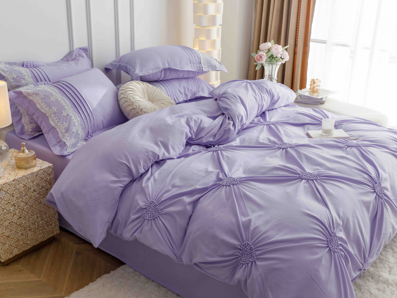 Lenjerie pat dublu cu pliuri si inimi brodate,bumbac finet,6 piese,lila-A856 [6]
