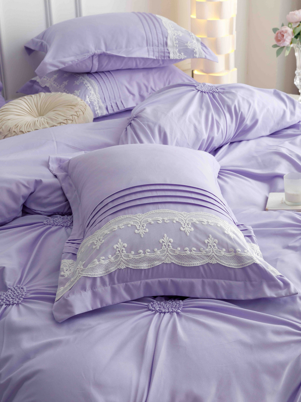 Lenjerie pat dublu cu pliuri si inimi brodate,bumbac finet,6 piese,lila-A856 [2]