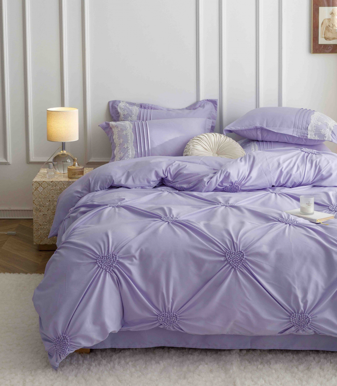 Lenjerie pat dublu cu pliuri si inimi brodate,bumbac finet,6 piese,lila-A856 [7]