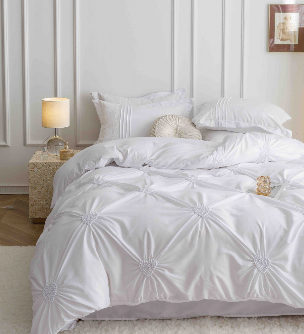 Lenjerie pat dublu cu pliuri si inimi brodate,bumbac finet,6 piese,alba-A846 [7]