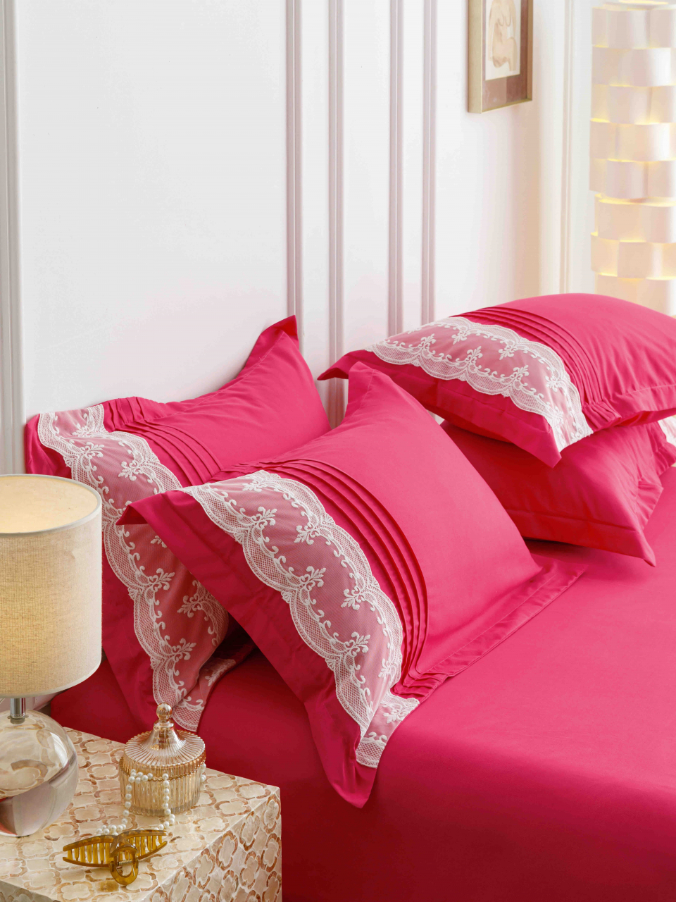 Lenjerie pat dublu cu pliuri si inimi brodate,bumbac finet,6 piese,roz fucsia-A845 [8]