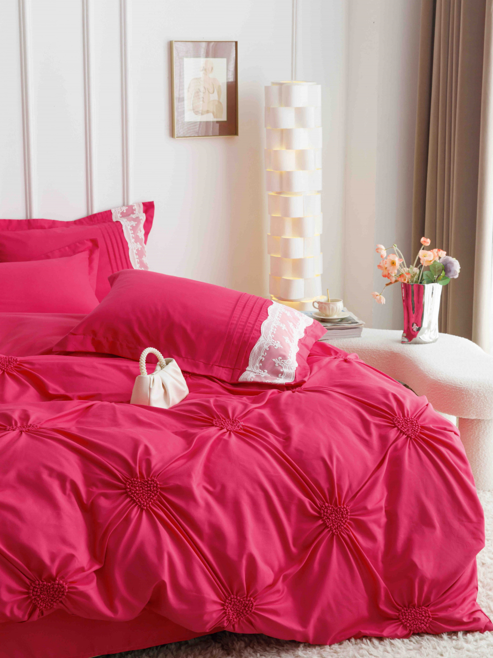 Lenjerie pat dublu cu pliuri si inimi brodate,bumbac finet,6 piese,roz fucsia-A845 [2]