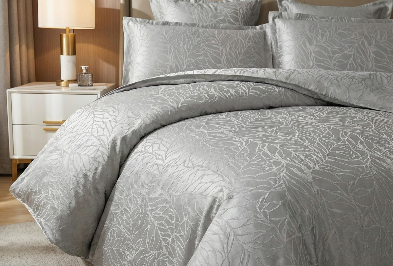 Lenjerie de pat jacquard 6 piese, gri argintiu, model cu frunze in relief, JQ6P10 [3]