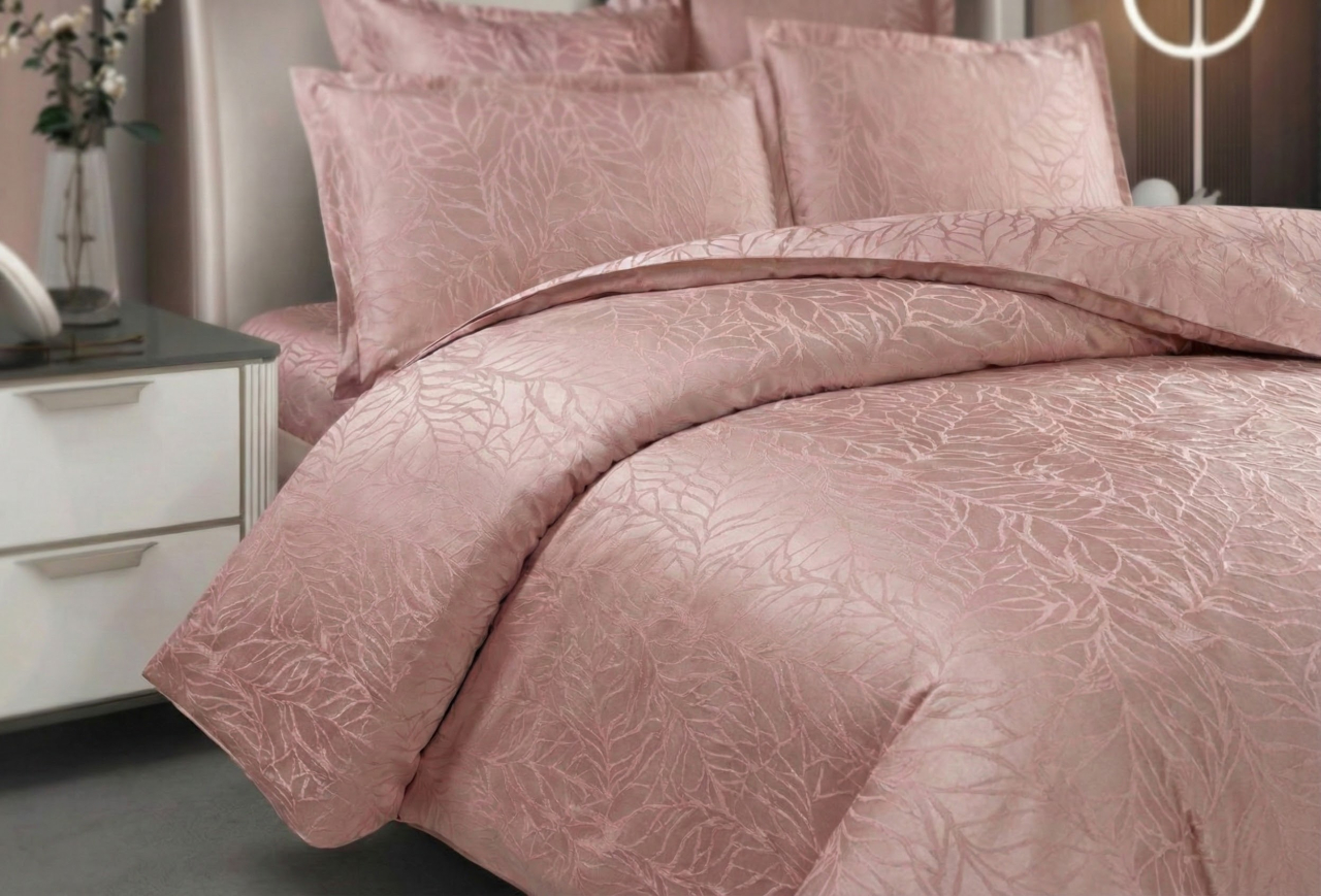 Lenjerie de pat jacquard 6 piese, roz pudrat, model cu frunze in relief, JQ6P11 [3]