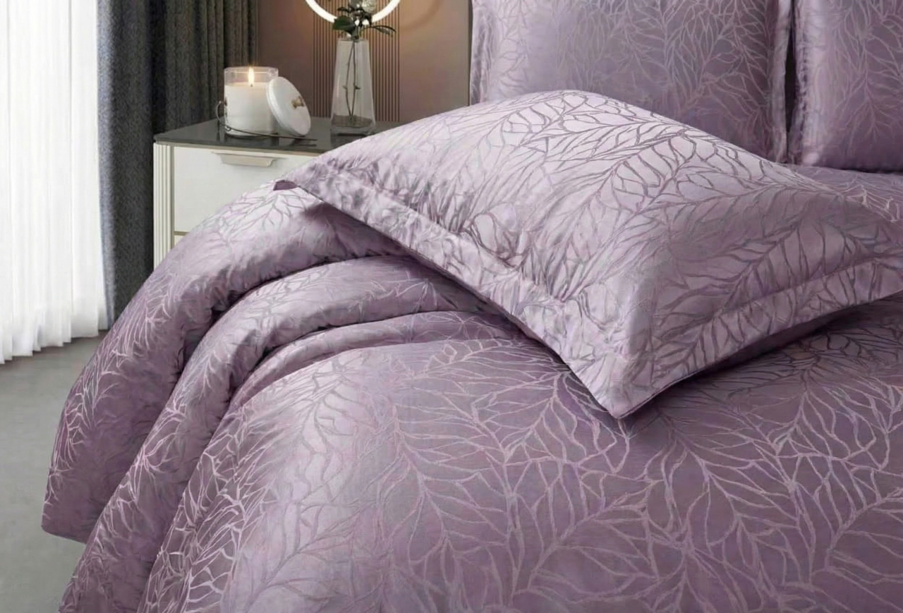 Lenjerie de pat jacquard 6 piese, mov lila, model cu frunze in relief, JQ6P13 [3]