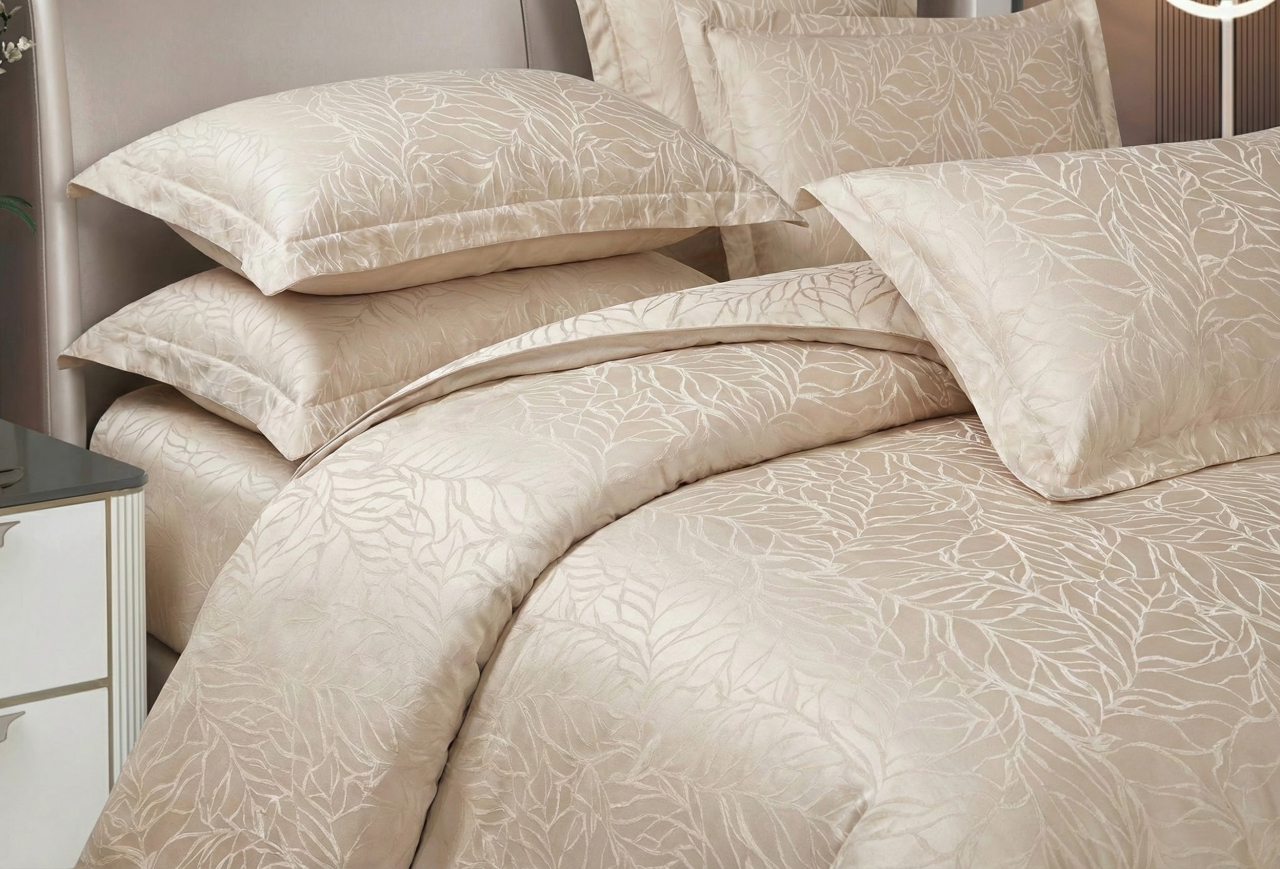 Lenjerie de pat jacquard 6 piese, crem bej, model cu frunze in relief, JQ6P6 [2]