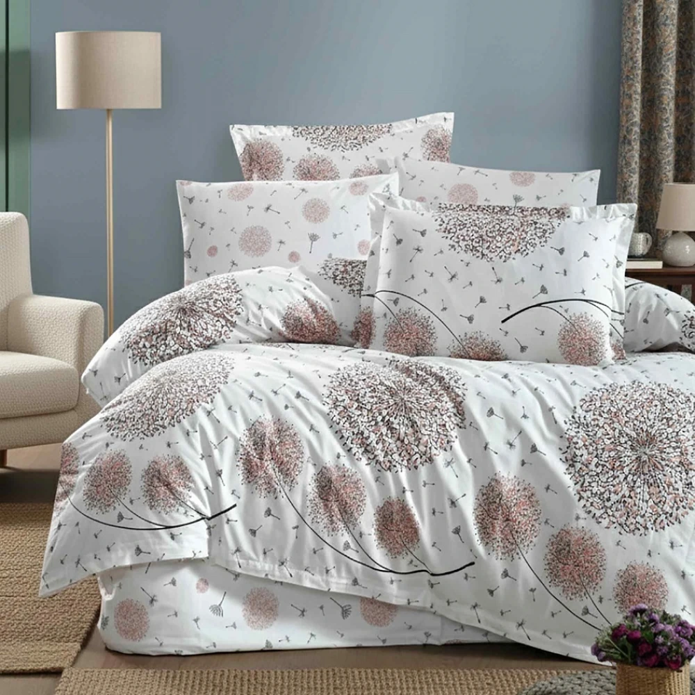 Lenjerie de pat Ranforce Cotton Pro RCP1, 100% bumbac, alb, imprimeu floral cu frunze, king size - 6 piese cu elastic [2]