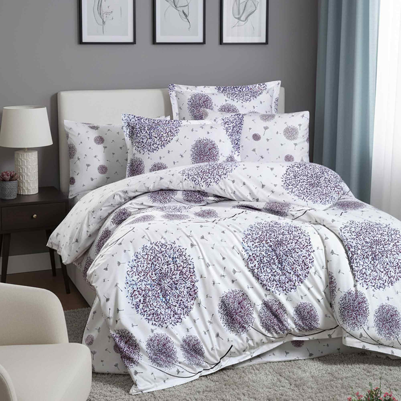 Lenjerie de pat Ranforce Cotton Pro RCP2, 100% bumbac, alb, imprimeu floral mov [3]