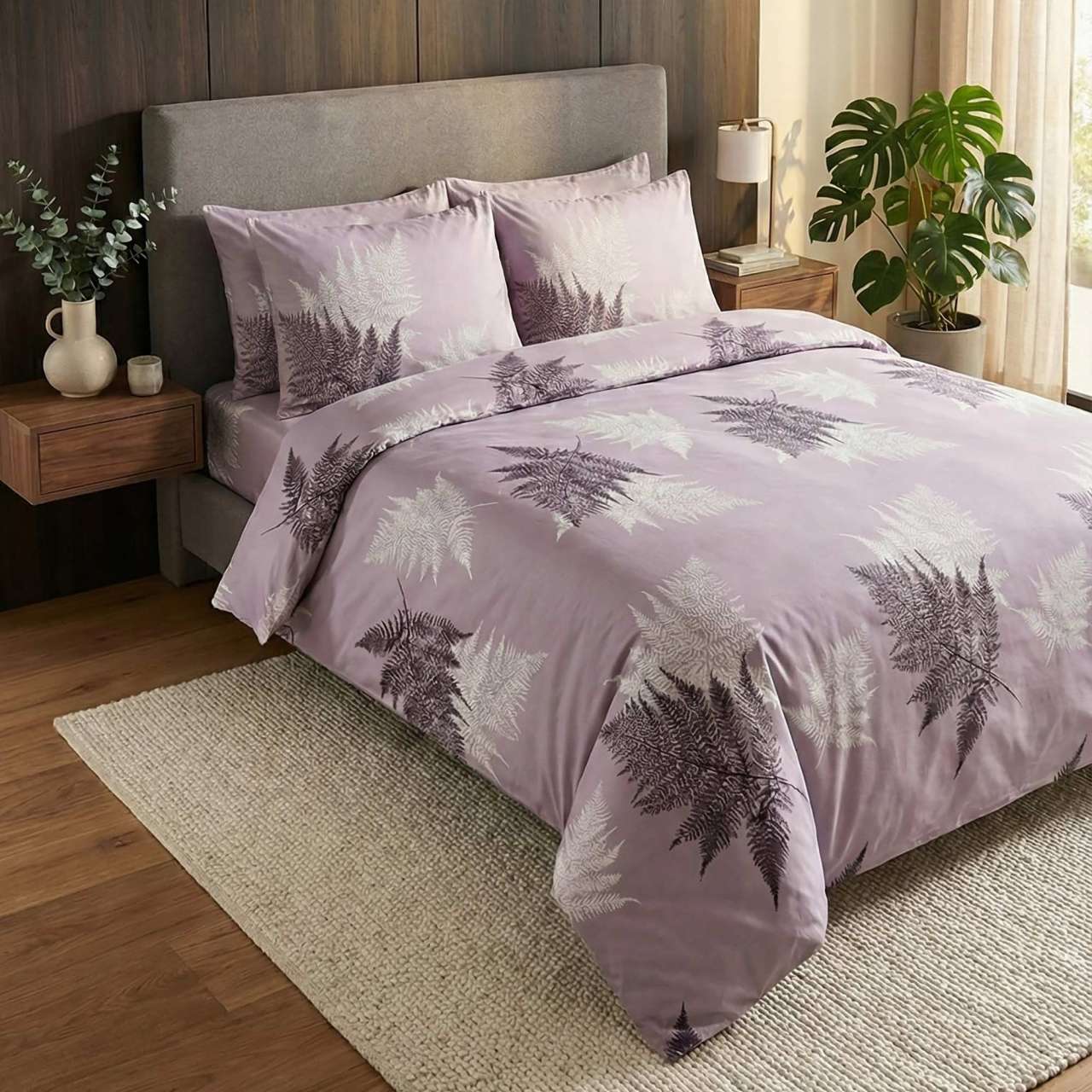 Lenjerie de pat Ranforce Cotton Pro RCP27, 100% bumbac, lila, imprimeu frunze tropicale [3]