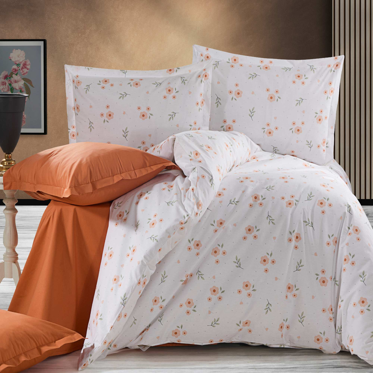 Lenjerie de pat Ranforce Cotton Pro RCP30, 100% bumbac, alb, imprimeu floral portocaliu [2]
