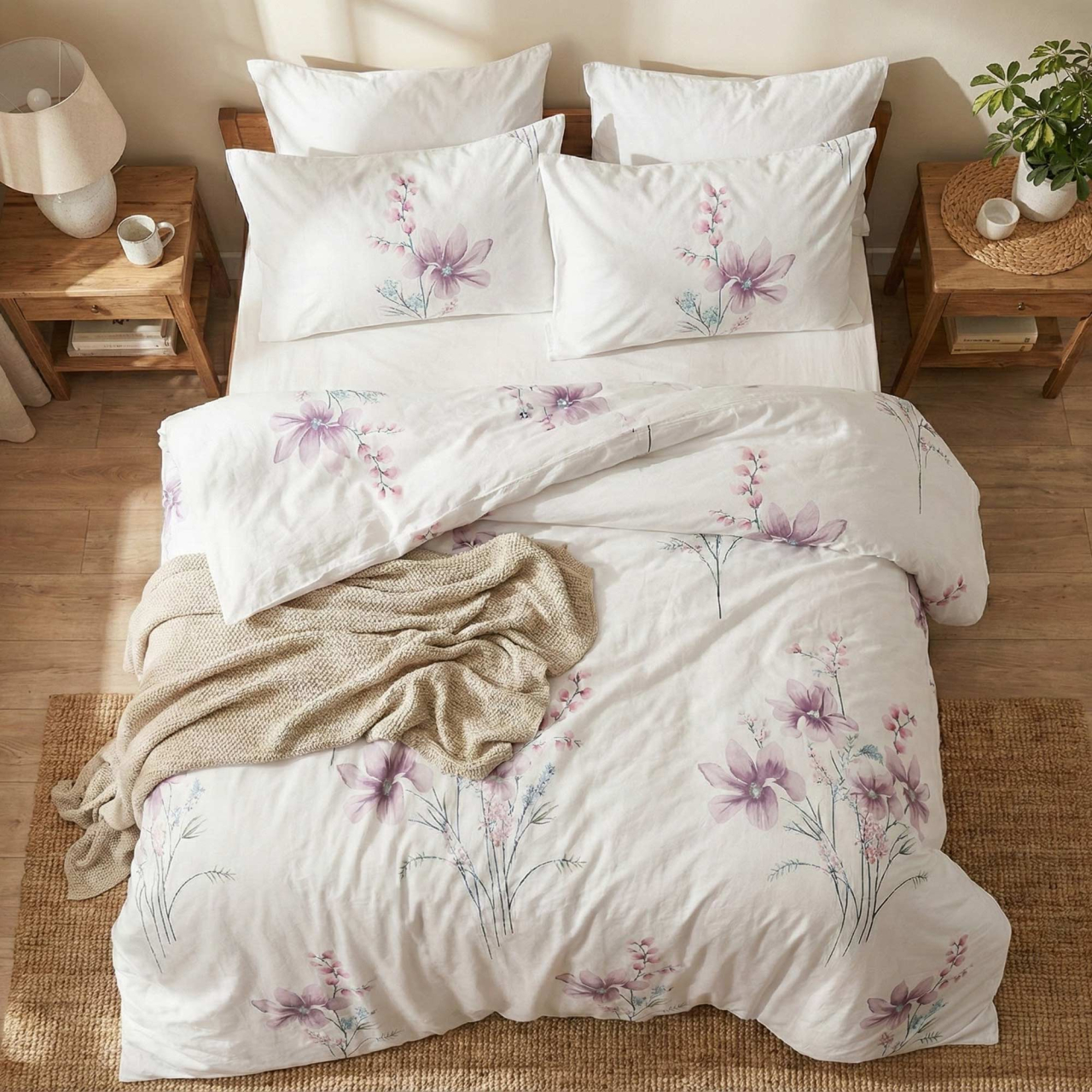 Lenjerie de pat Ranforce Cotton Pro RCP35, 100% bumbac, alb, imprimeu floral roz-lila [2]