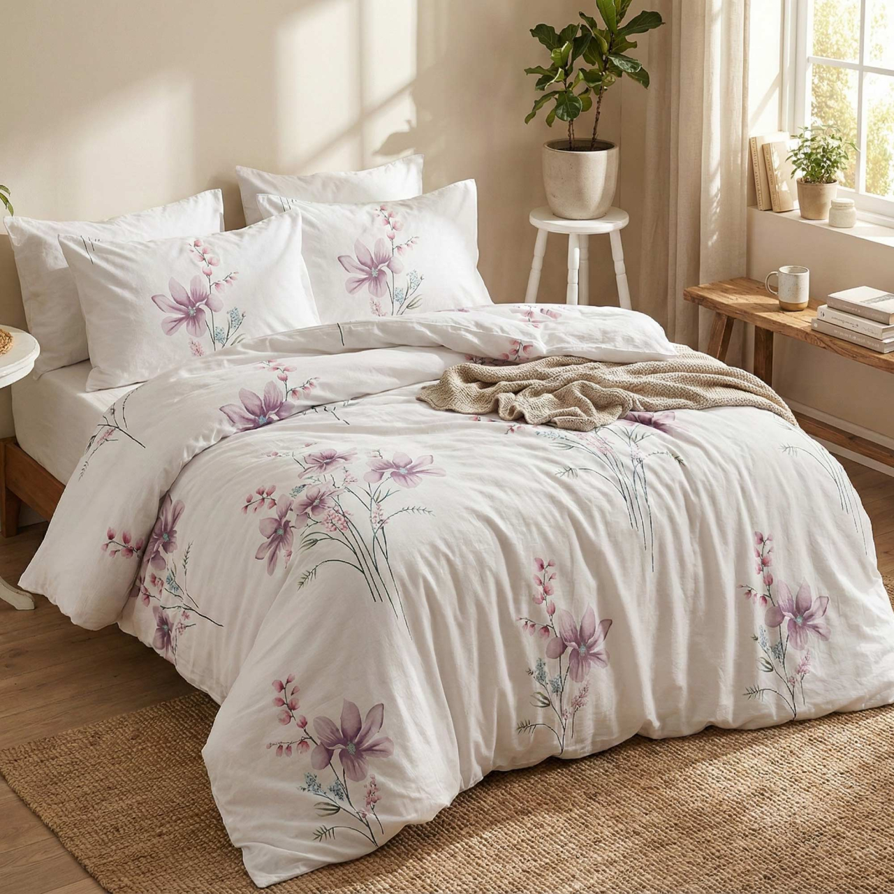 Lenjerie de pat Ranforce Cotton Pro RCP35, 100% bumbac, alb, imprimeu floral roz-lila [3]