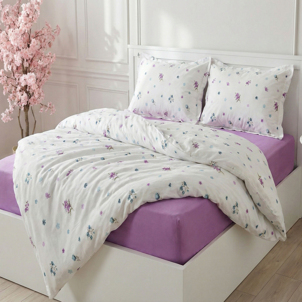 Lenjerie de pat Ranforce Cotton Pro RCP50, 100% bumbac, alb, imprimeu floral lila [3]