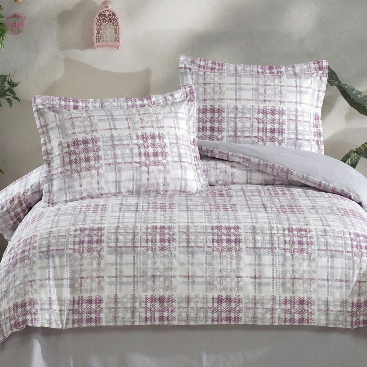Lenjerie de pat Ranforce Cotton Pro RCP61, 100% bumbac, alb, imprimeu carouri lila [2]