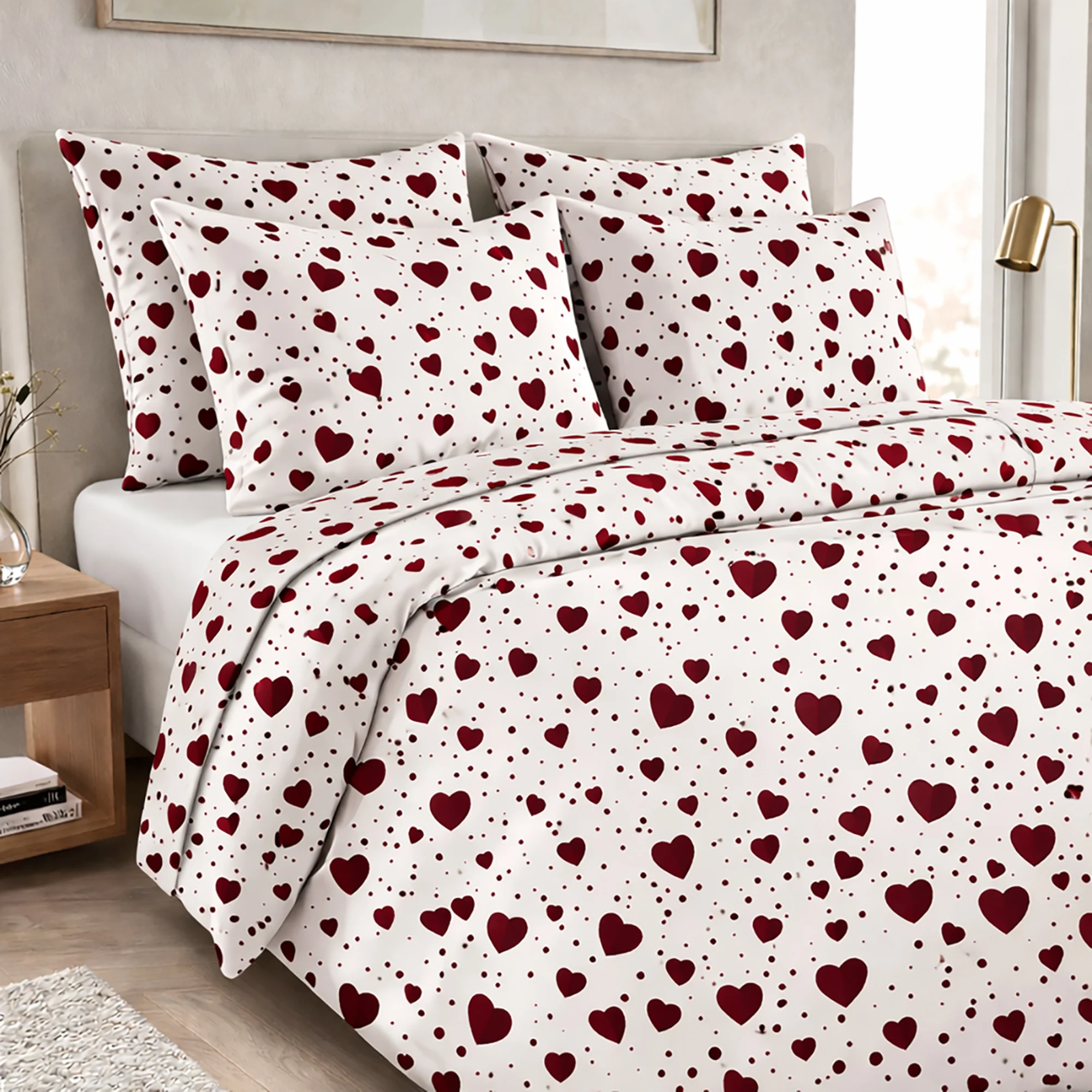 Lenjerie de pat Ranforce Cotton Pro RCP73, 100% bumbac, alb, imprimeu cu inimioare rosii [2]