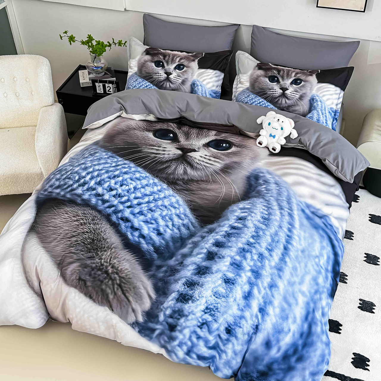 Lenjerie pat single 5D,bumbac finet,4 piese,cearceaf cu elastic 140x200cm,cearceaf pilota 155x205cm,2 fete de perna 55x80cm-A1267 [2]