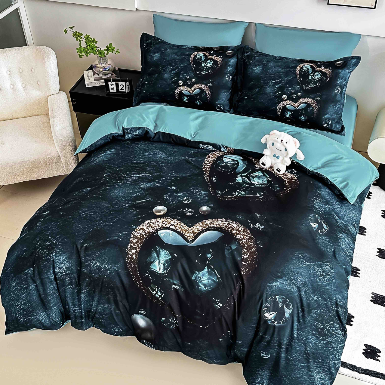 Lenjerie pat single 5D,bumbac finet,4 piese,cearceaf cu elastic 140x200cm,cearceaf pilota 155x205cm,2 fete de perna 55x80cm-A1268 [2]