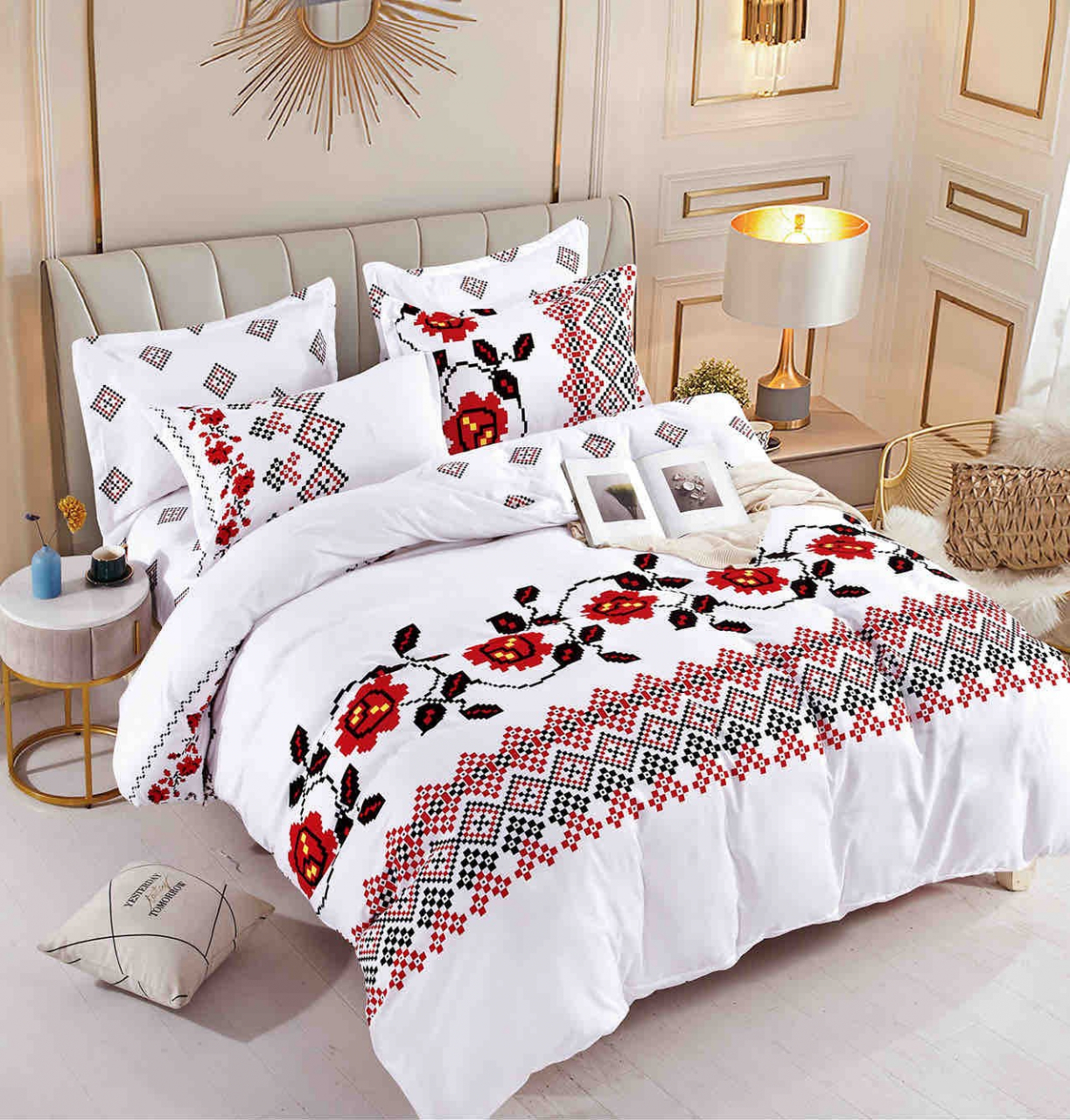 Lenjerie pat single,bumbac finet,4 piese,cearceaf normal,motiv traditional cu flori si romburi-A821 [1]