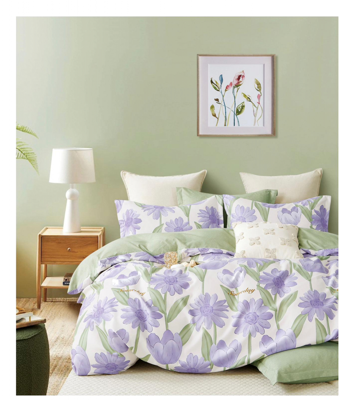 Lenjerie pat single,bumbac finet,4 piese,alba cu flori mov-A698 [1]