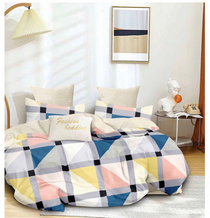 Lenjerie pat single,bumbac finet,4 piese,triunghiuri multicolore-A488 [1]