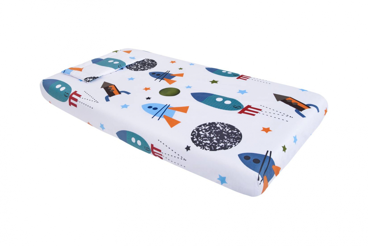 Lenjerie patut bebe, SomnART, cearceaf pat 60x120x10 cu elastic, cearceaf pilota 80x110, perna joasa 20x35, Rachete [2]
