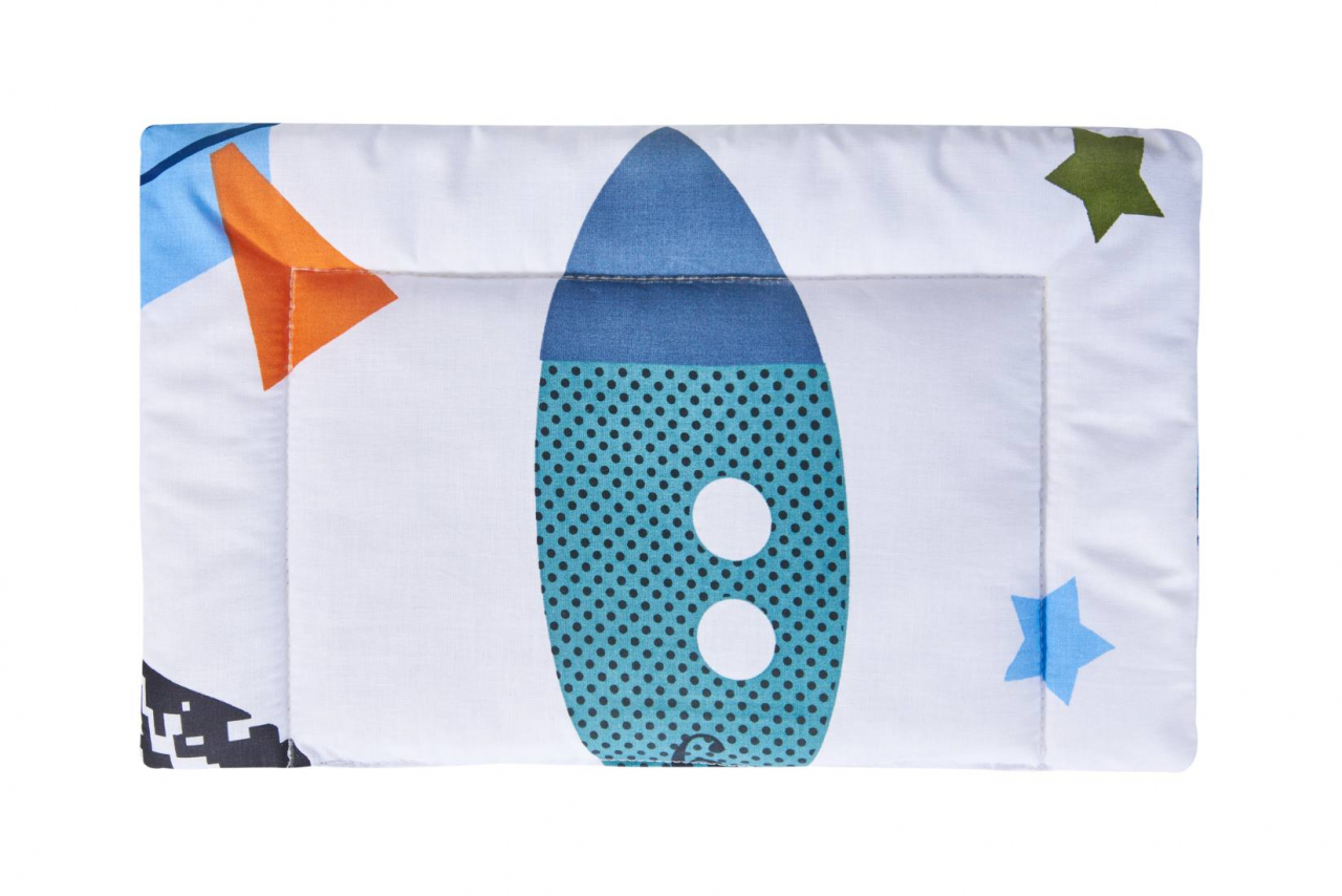Lenjerie patut bebe, SomnART, cearceaf pat 60x120x10 cu elastic, cearceaf pilota 80x110, perna joasa 20x35, Rachete [3]