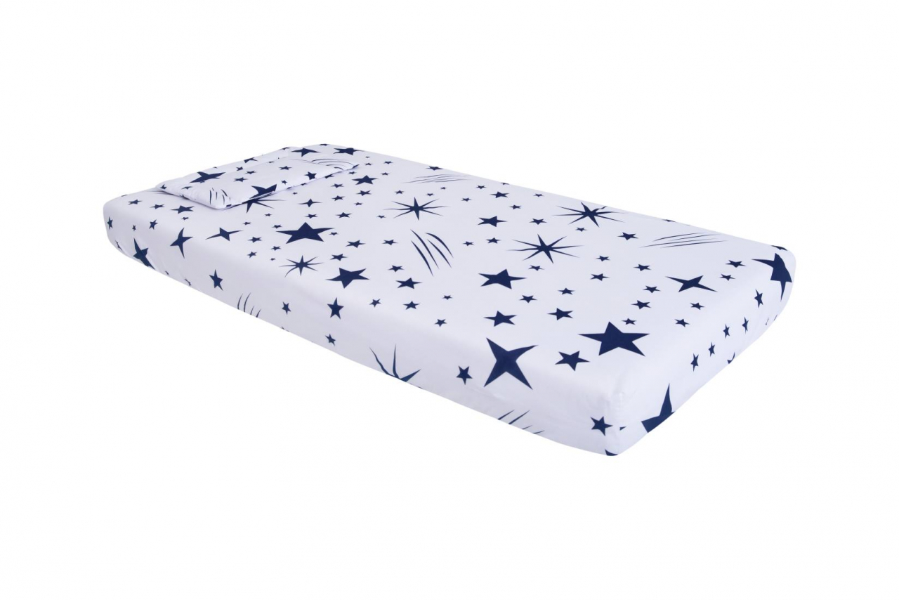 Lenjerie patut bebe, SomnART, cearceaf pat 60x120x10 cu elastic, cearceaf pilota 80x110, perna joasa 20x35, Stelute [2]