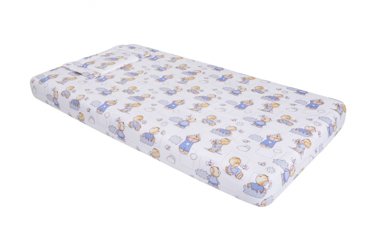 Lenjerie patut bebe, SomnART, cearceaf pat 60x120x10 cu elastic, cearceaf pilota 80x110, perna joasa 20x35, Ursuleti [2]