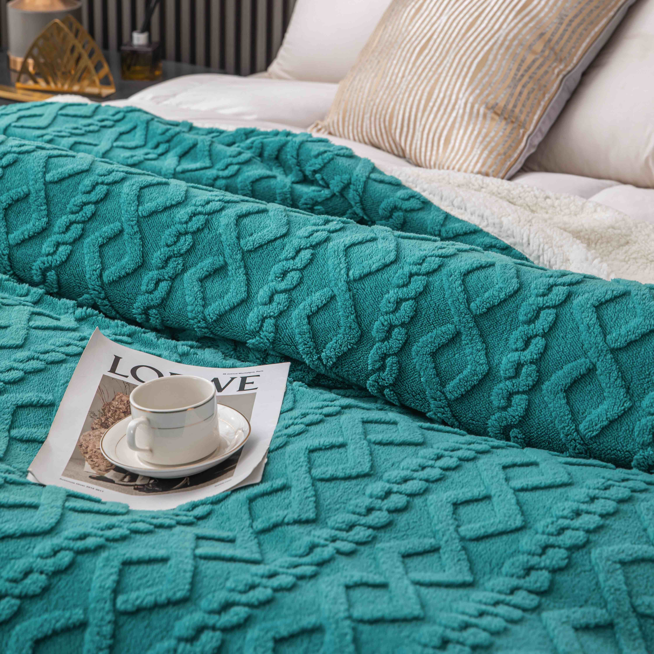Patura cocolino 200x230cm,tip tricotaj cu blanita,turcoaz-F038 [3]