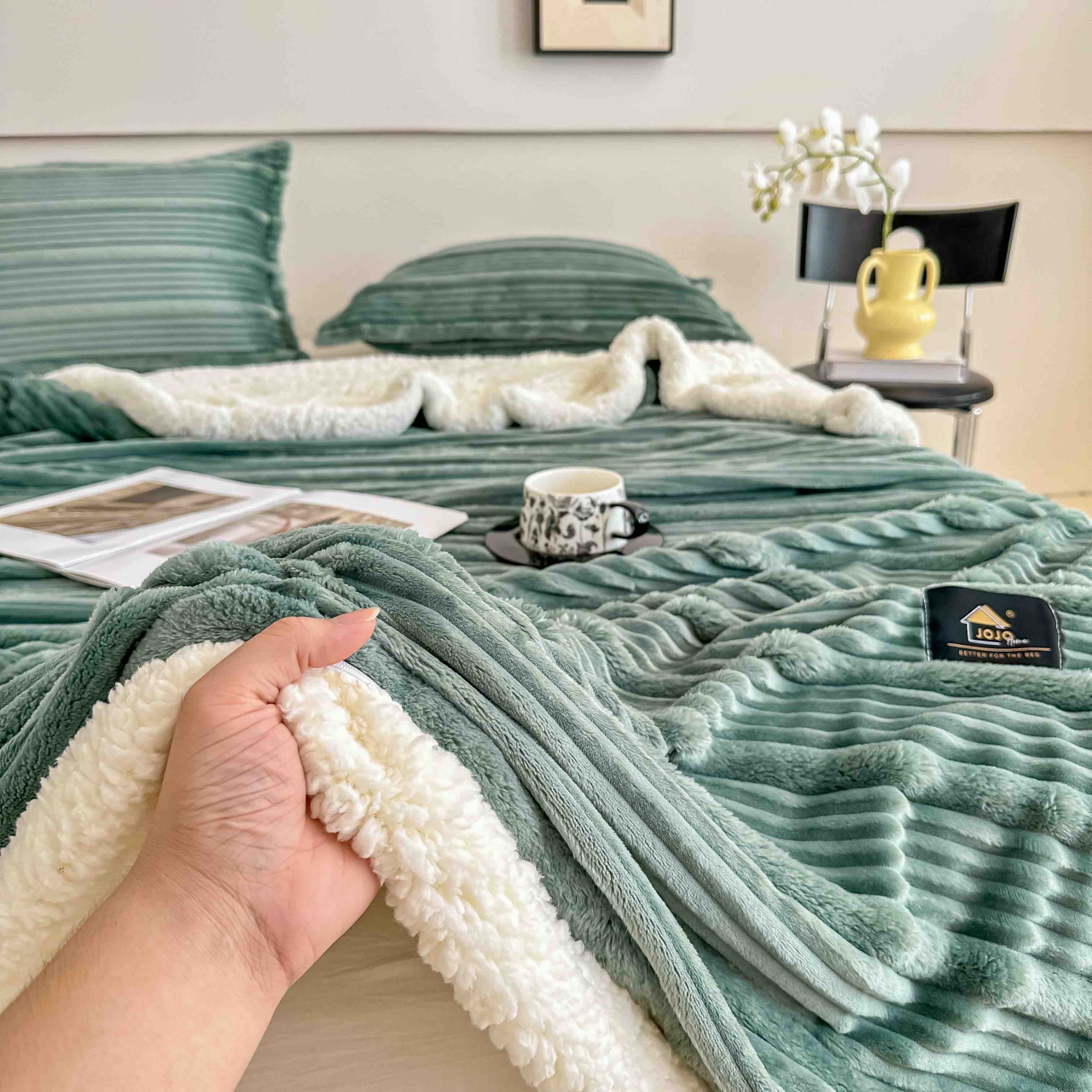 Patura cocolino cu blanita alba 200x230cm,cu fermoar,doua fete de perna 50x70cm,verde deschis- F137 [6]