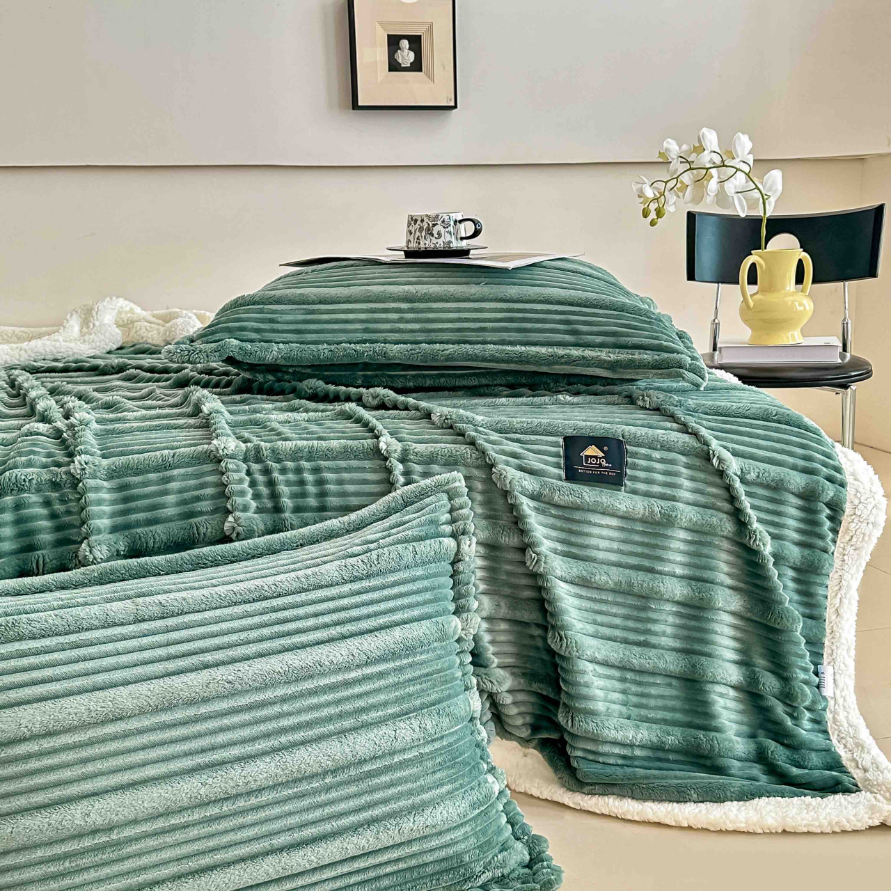 Patura cocolino cu blanita alba 200x230cm,cu fermoar,doua fete de perna 50x70cm,verde deschis- F137 [5]