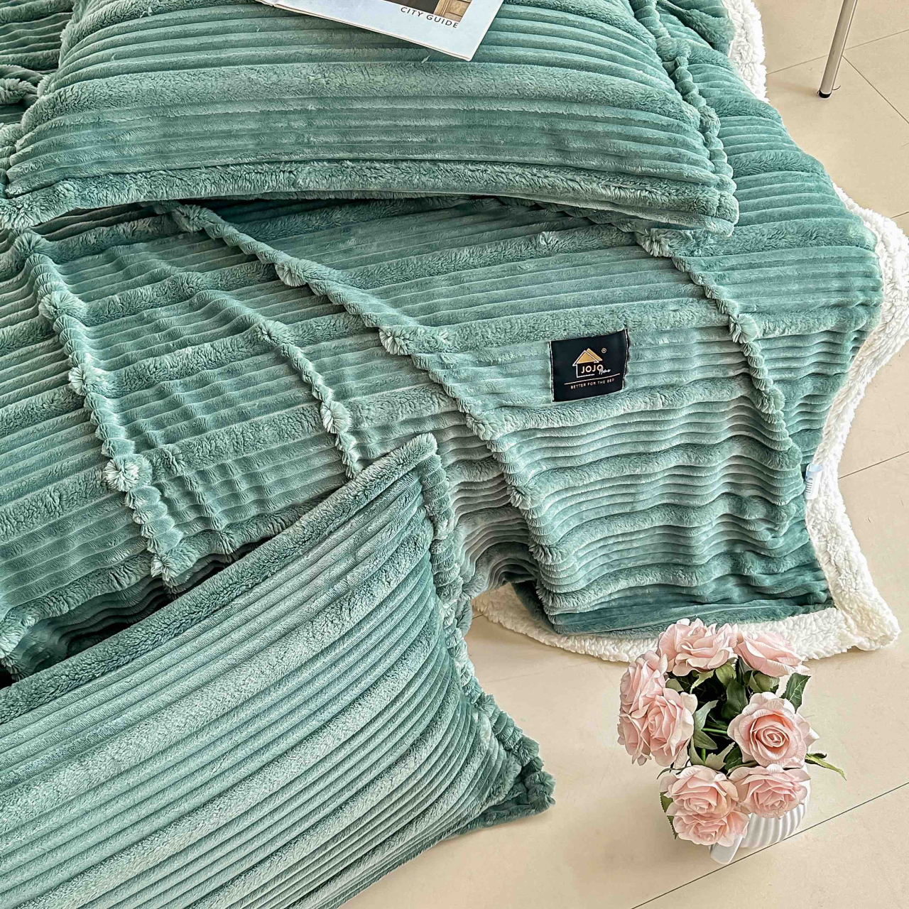 Patura cocolino cu blanita alba 200x230cm,cu fermoar,doua fete de perna 50x70cm,verde deschis- F137 [4]