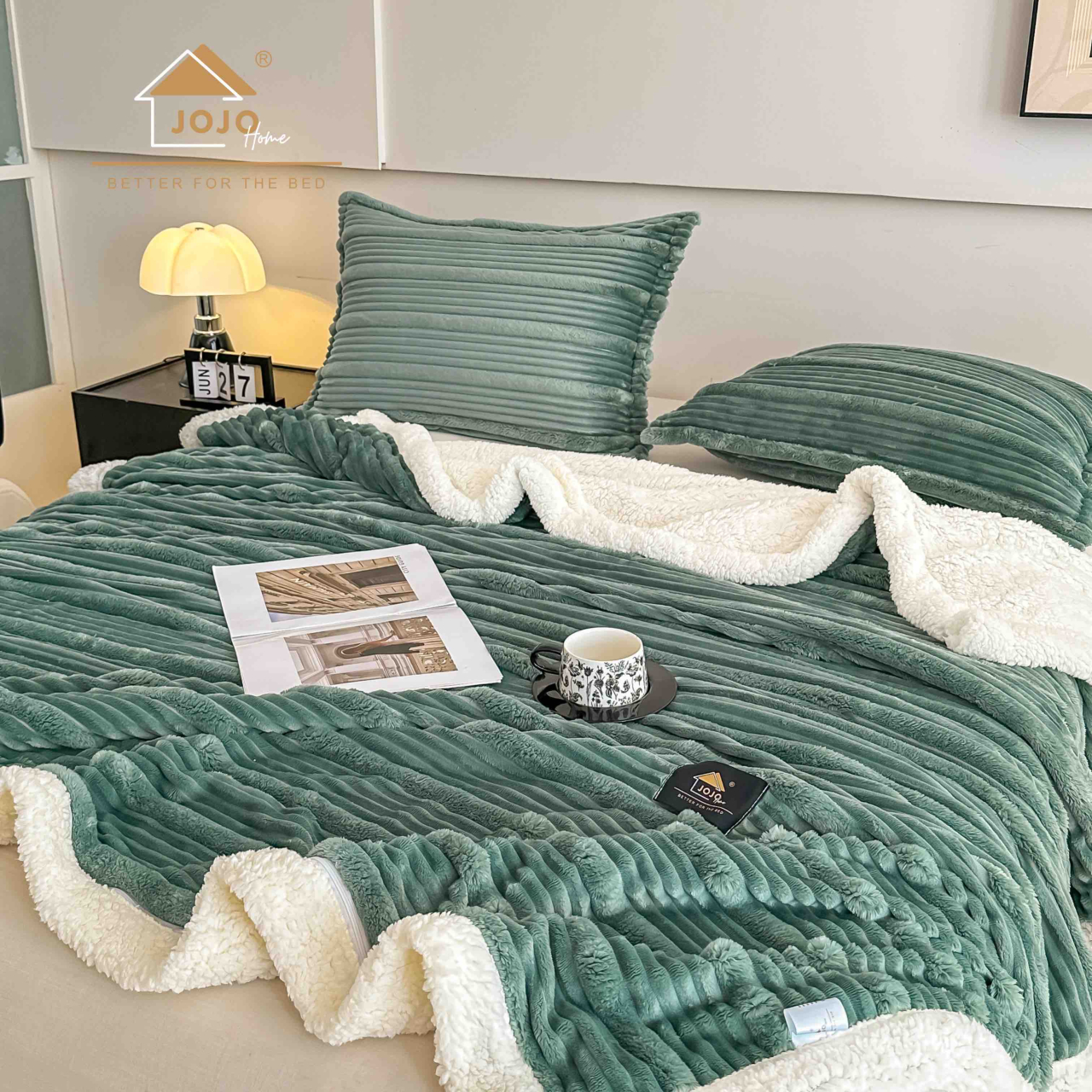 Patura cocolino cu blanita alba 200x230cm,cu fermoar,doua fete de perna 50x70cm,verde deschis- F137 [3]