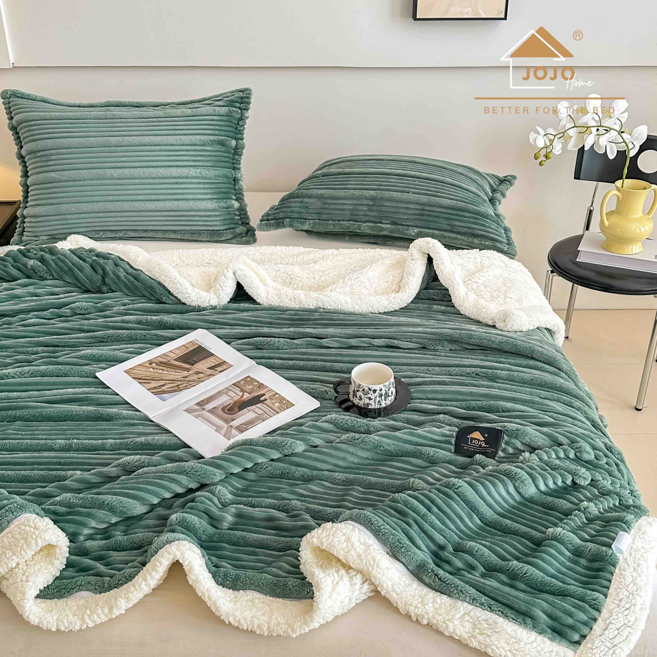 Patura cocolino cu blanita alba 200x230cm,cu fermoar,doua fete de perna 50x70cm,verde deschis- F137 [2]