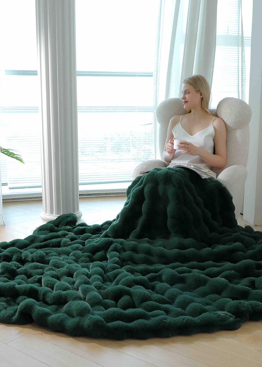 Patura cocolino de lux din blana artificala de iepure 200x230cm,verde smarald-F092 [4]