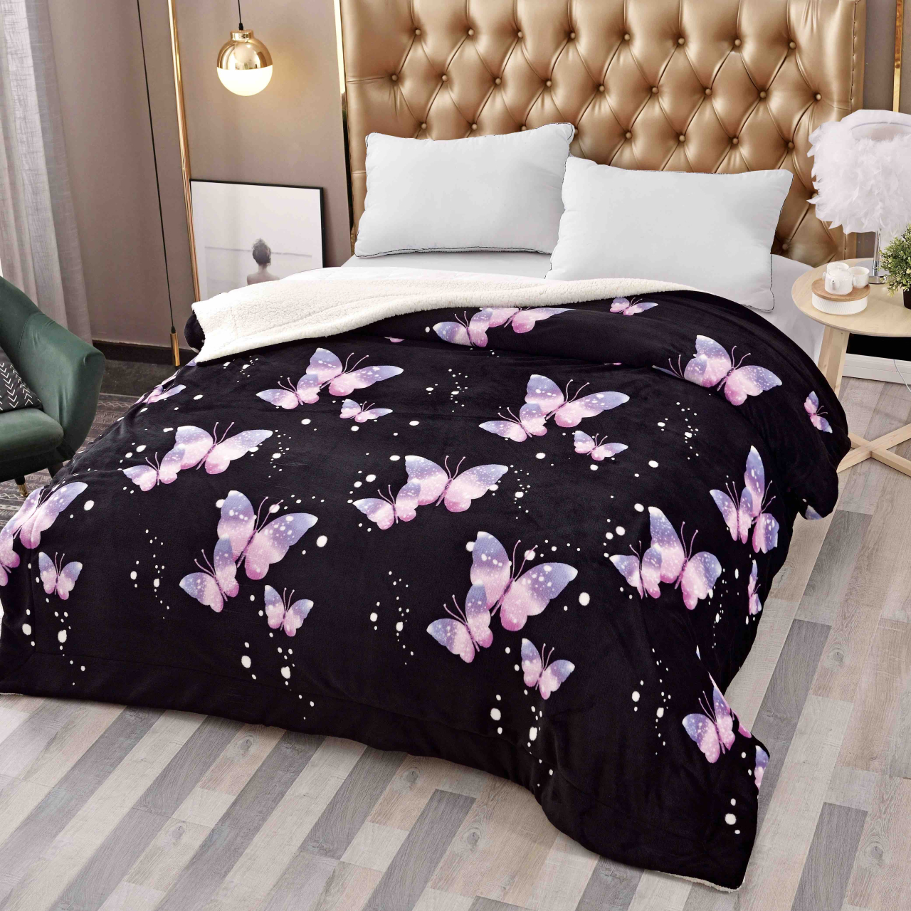 Patura cocolino groasa cu blanita alba 200x230cm,doua fete,neagra,fluturi - F114 [1]