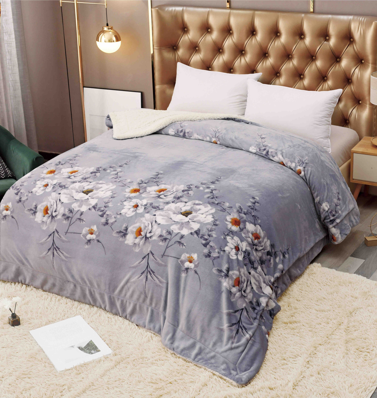 Patura cocolino groasa cu blanita alba 200x230cm,doua fete,gri-lila cu flori - F105 [1]