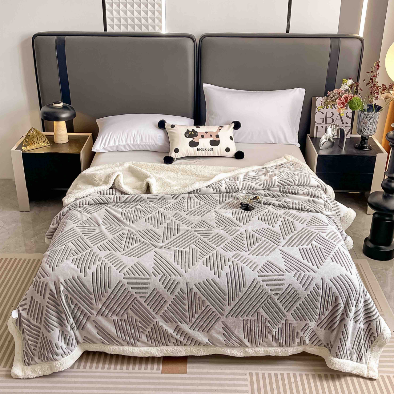 Patura cocolino groasa cu blanita alba 200x230cm,doua fete,gri,dungi subtiri- F118 [1]