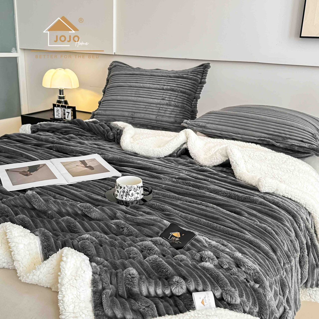 Patura cocolino cu blanita alba 200x230cm,cu fermoar,doua fete de perna 50x70cm,gri inchis- F132 [3]