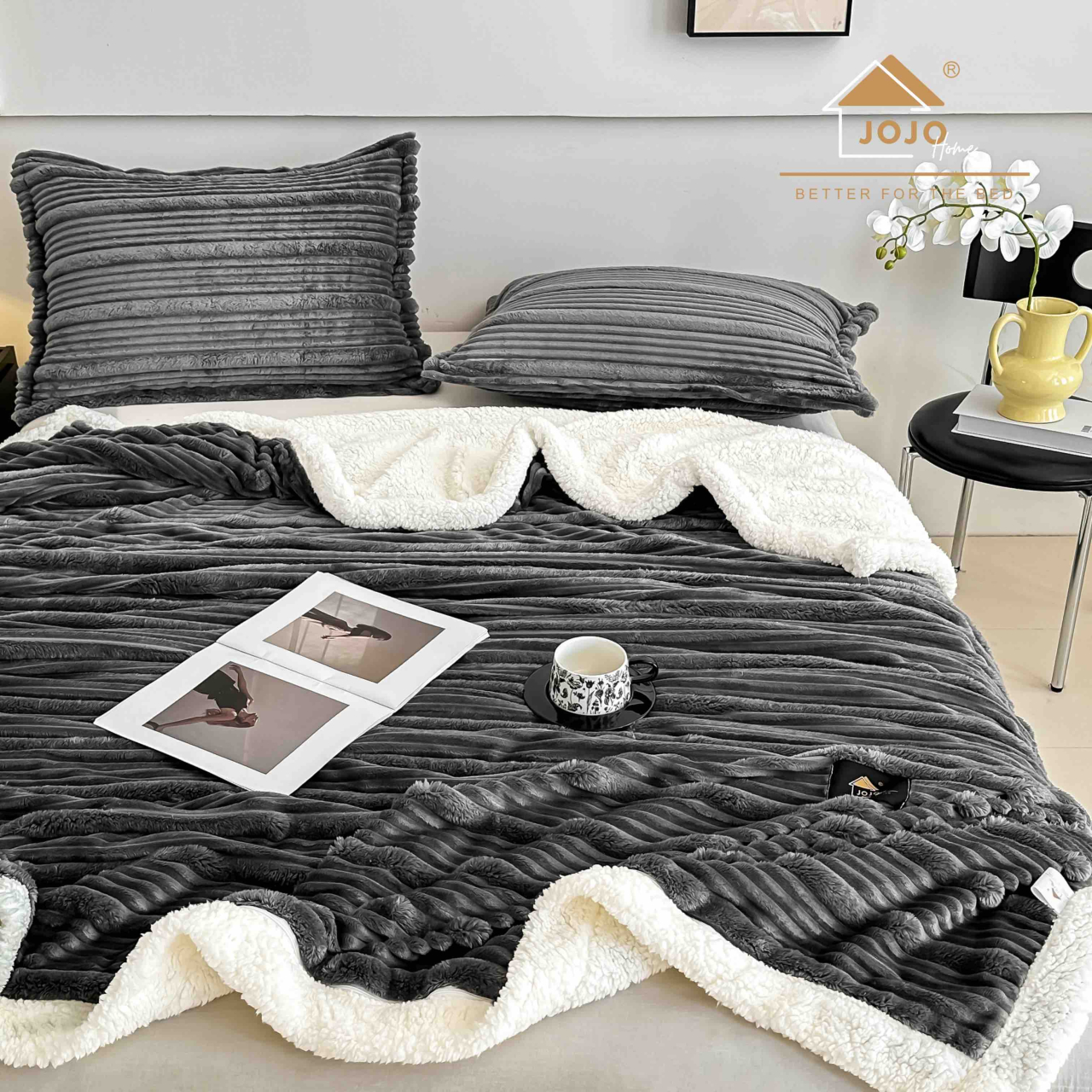 Patura cocolino cu blanita alba 200x230cm,cu fermoar,doua fete de perna 50x70cm,gri inchis- F132 [2]